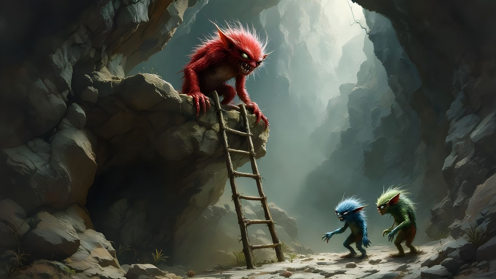 Gremlins Arguing in Cavern, Dark Fantasy Oil Painting