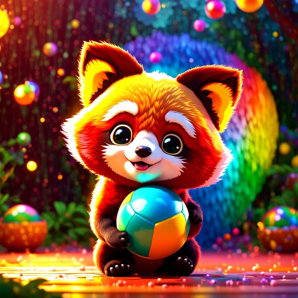 Chibi Red Panda Playing Ball in Digital Art