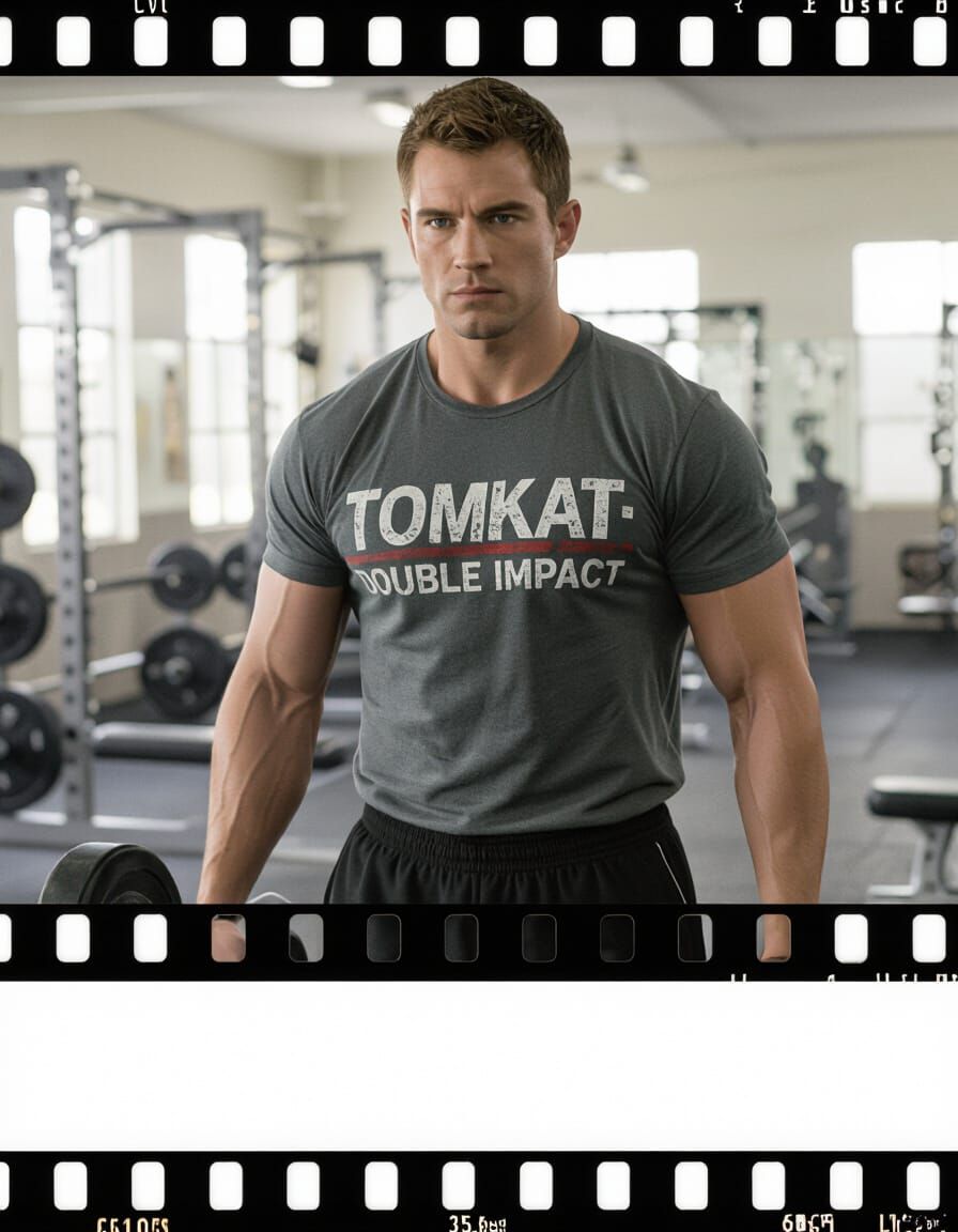 Muscular Man Curls Weight in Gym - Cinematic Film Still