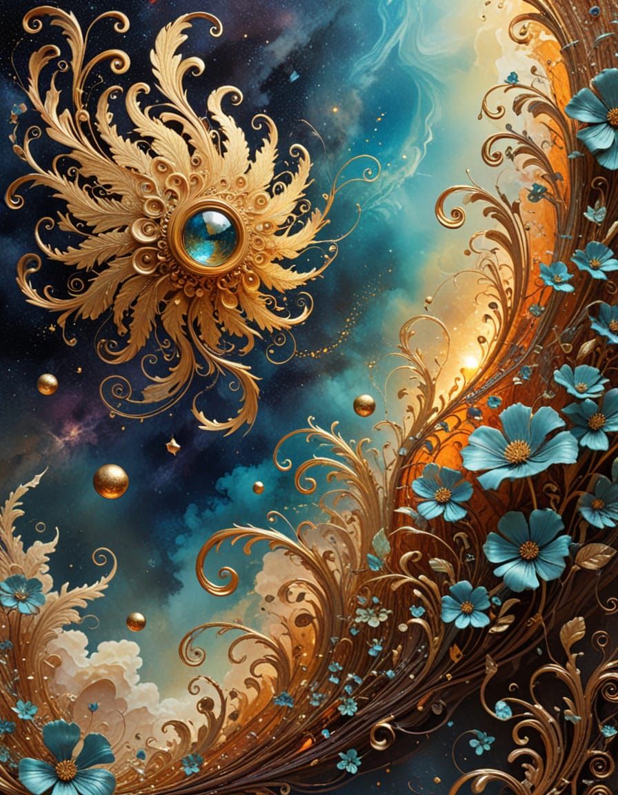 Surreal Space Scene with Golden Tendrils in Impasto Style