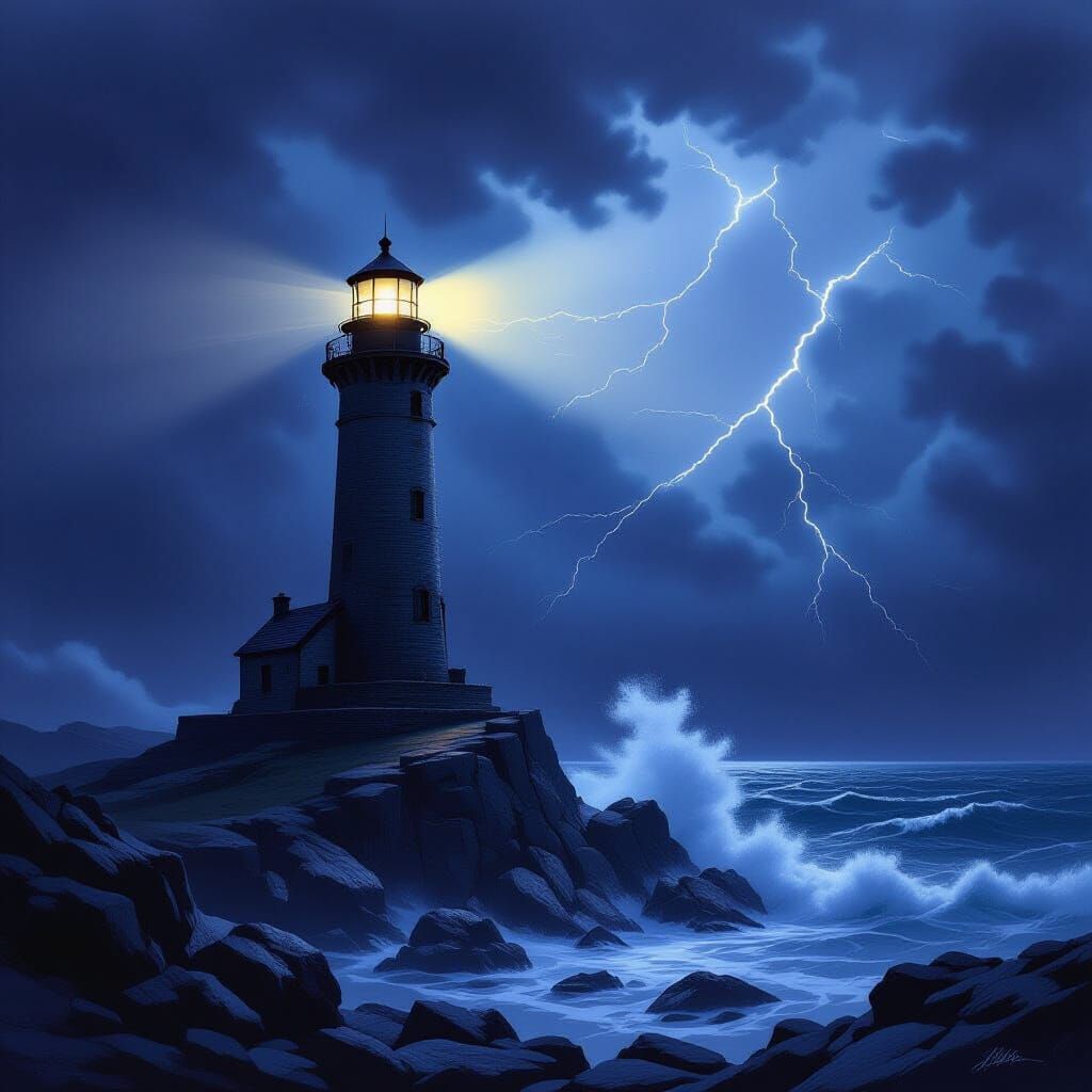 Stormy Lighthouse Beam Pierces Ink-Black Sea