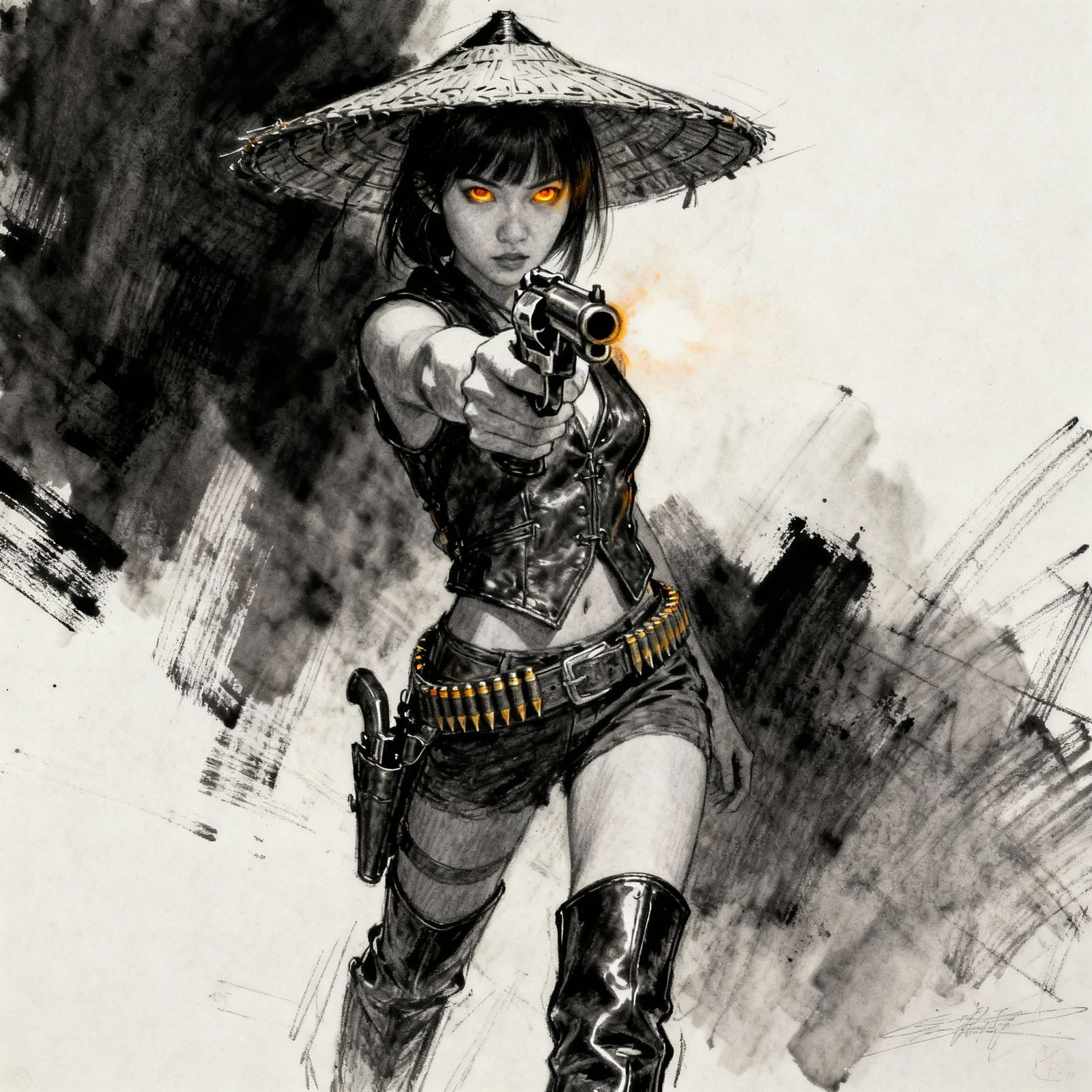 Expressive colored charcoal sketch.
A defiant Asian female g...