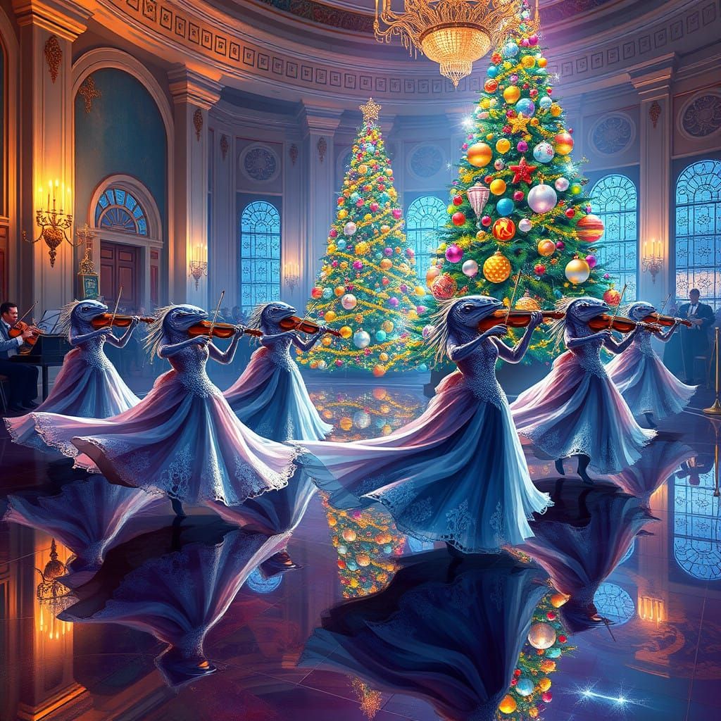 Magical New Year's Eve Scene with Sawfish in Ball Gowns