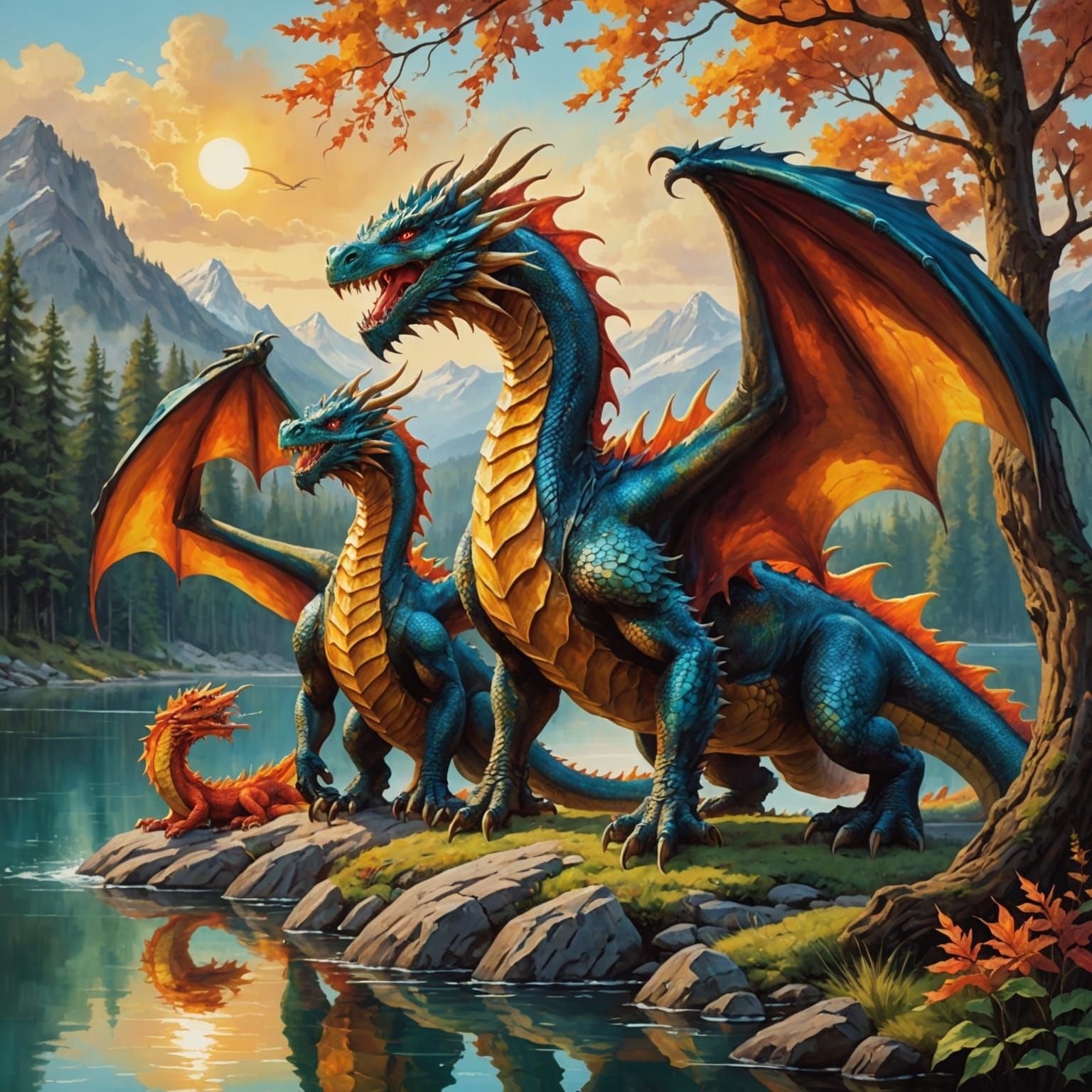 Fire-Breathing Dragon Family by Lake: Golden Age Painting