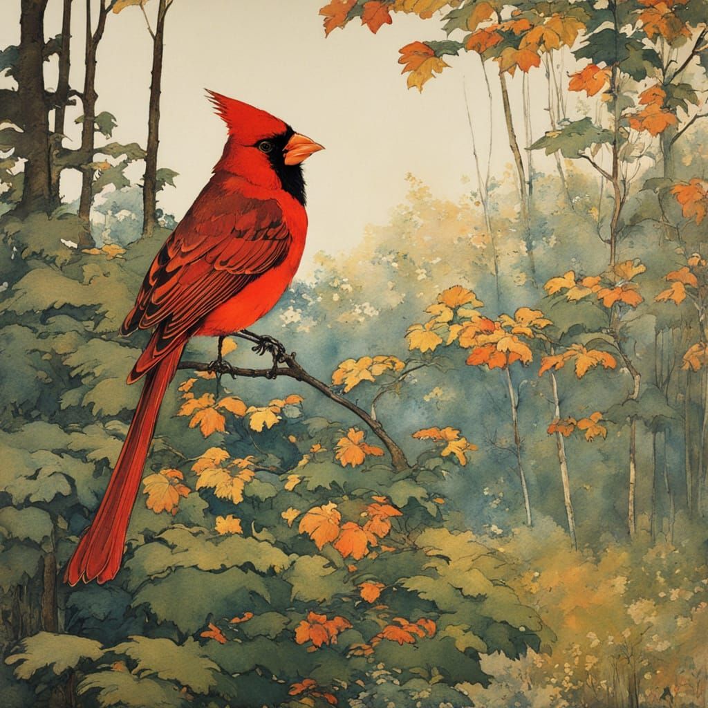 Cardinal in Fairy-Tale Forest as Silkscreen Print