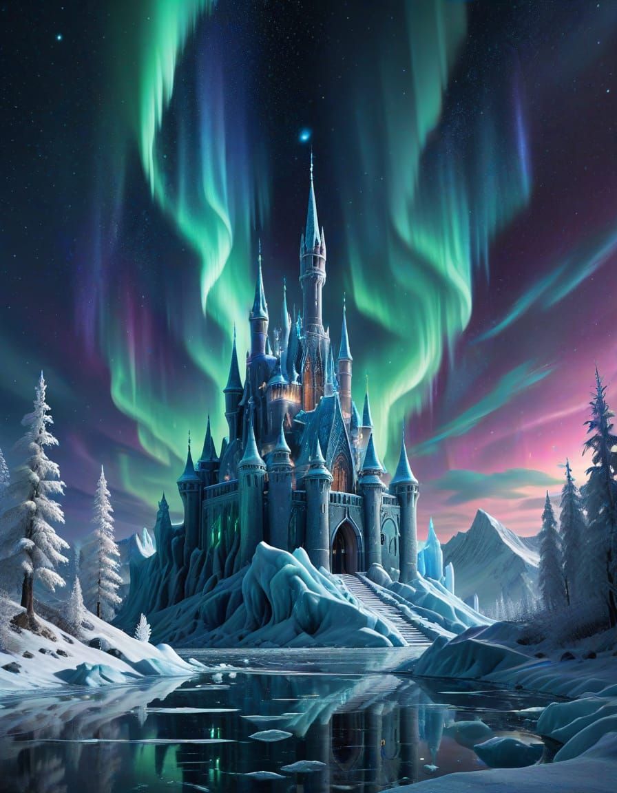 Majestic Ice Castle Under Aurora Skies
