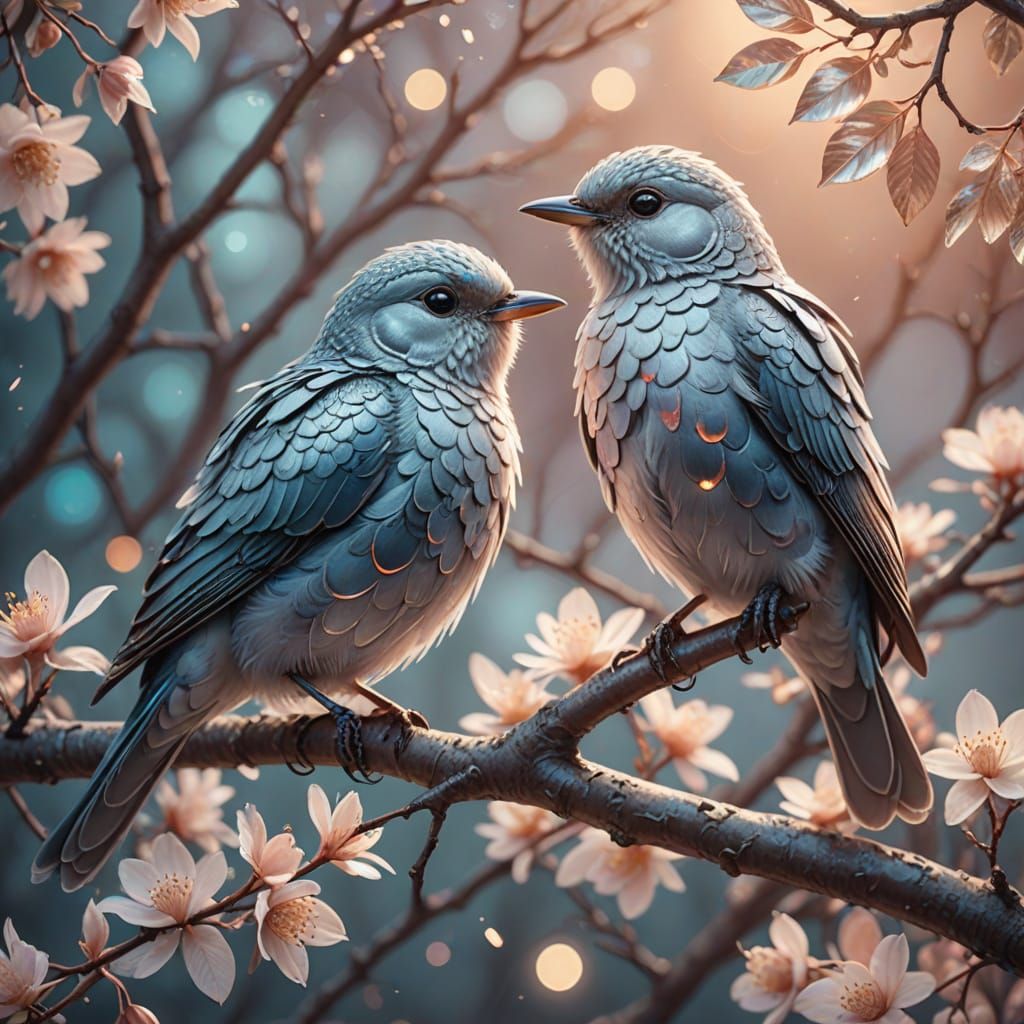 Surreal Nature Scene with Glowing Silver Winged Birds