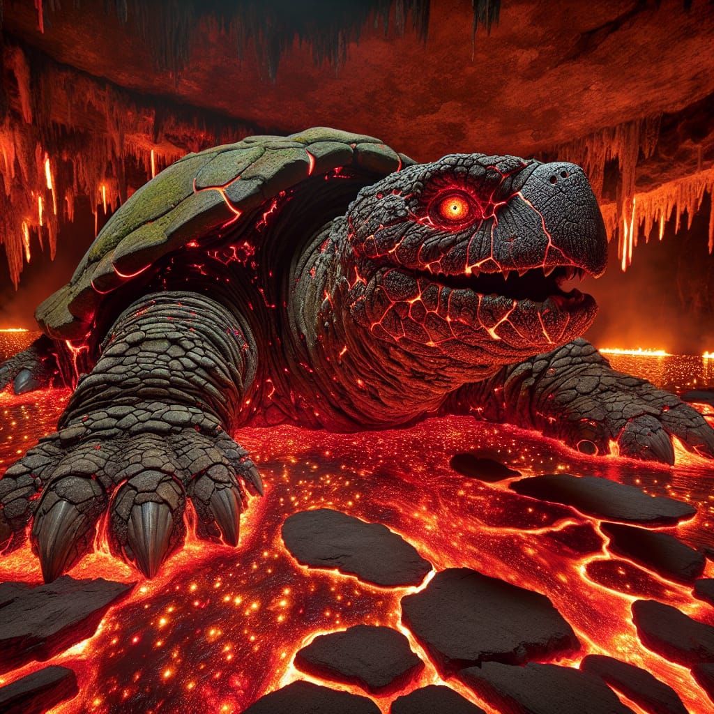 Demonic Lava Turtle Swimming in Magma River