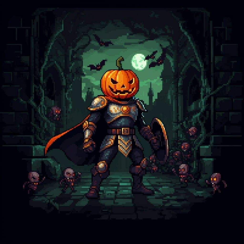 Heroic Pumpkin Warrior in 8-Bit Pixel Art