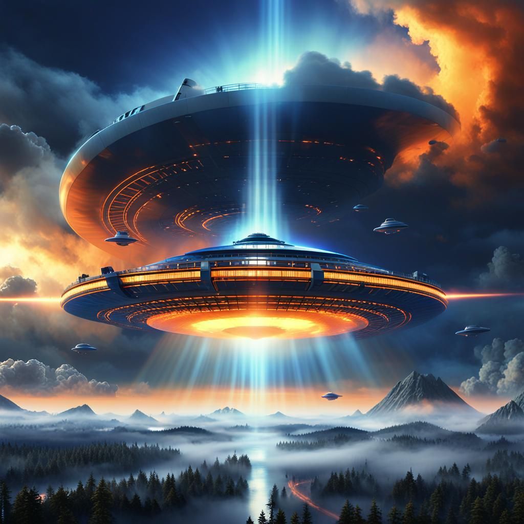 UHD 3D UFO with Dramatic Light Beams