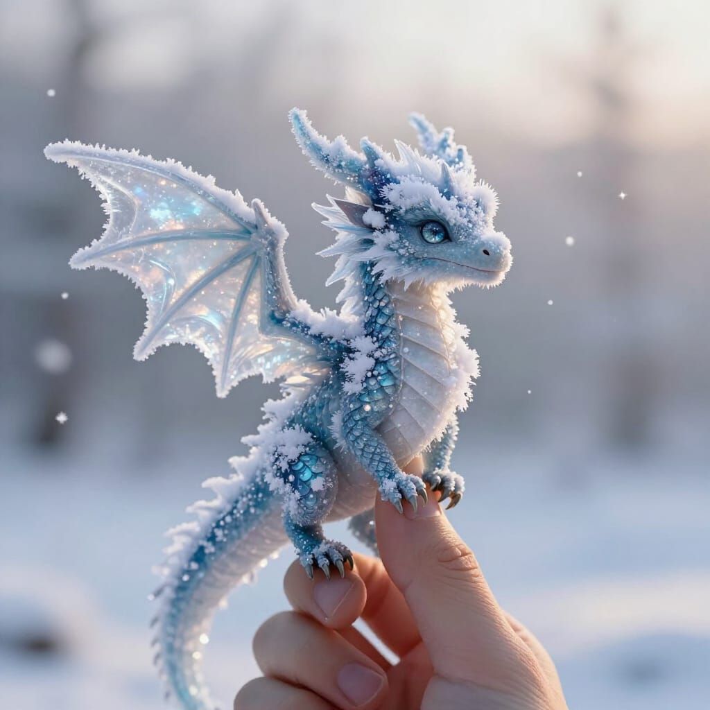 Magical Snow Dragon on Fingertip in Morning Light