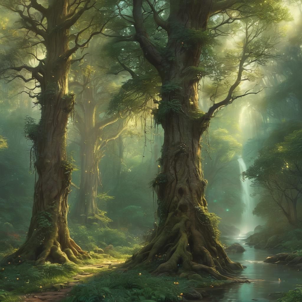 Mystical Waterfall in Ethereal Forest, Kinkade Style