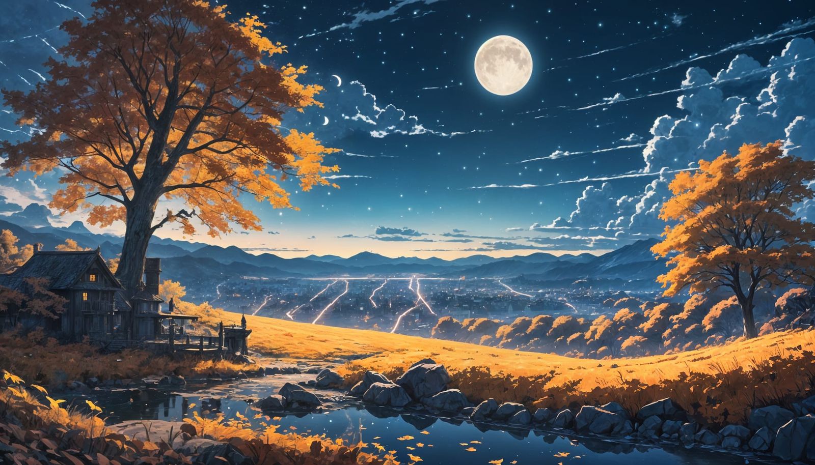 Dark Fantasy Autumn Town at Moonrise