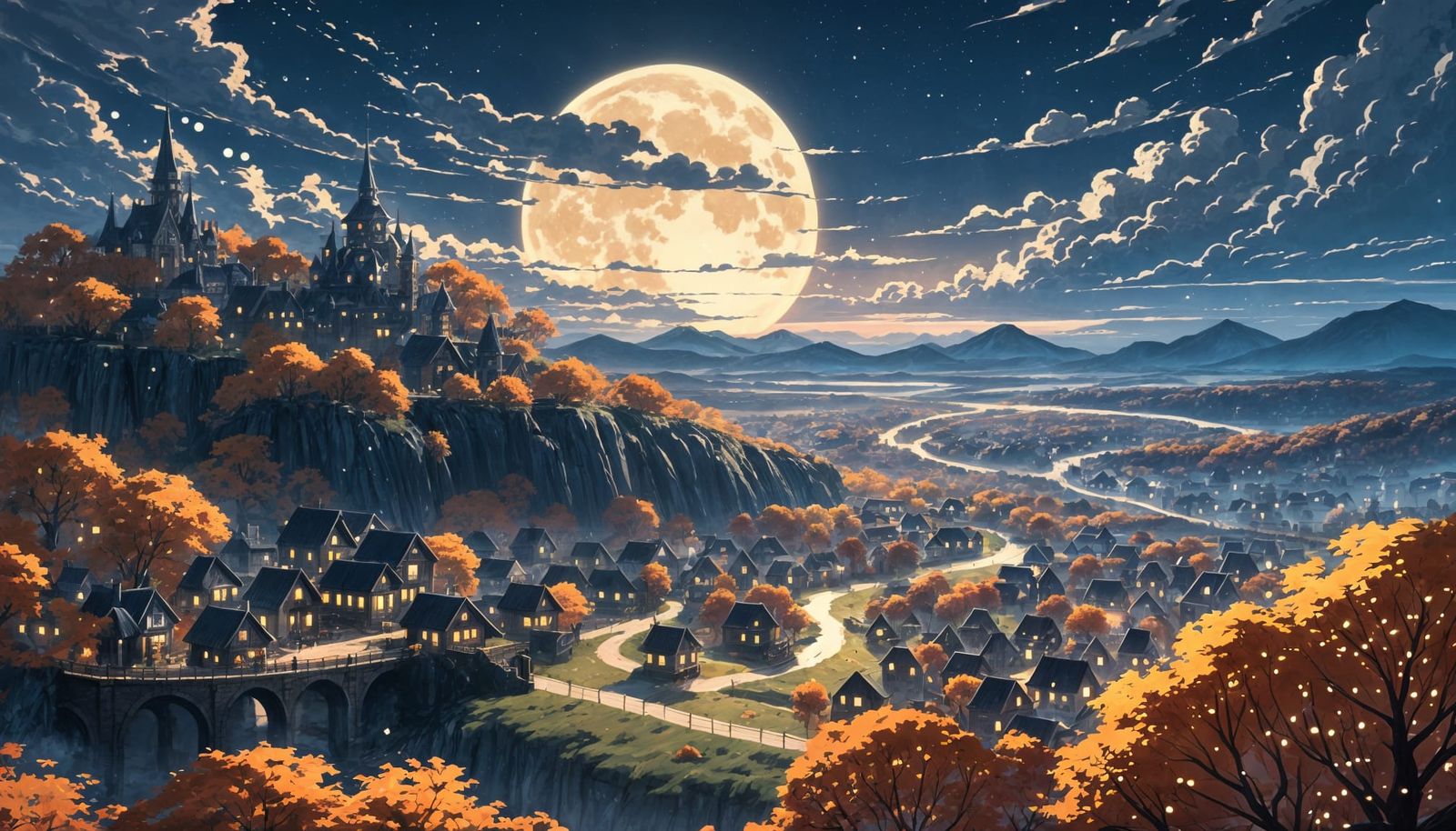 Dark Fantasy Autumn Town at Moonrise