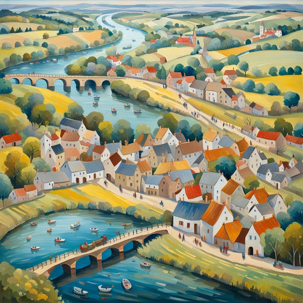 Aerial View of 15th Century Village in Watercolor