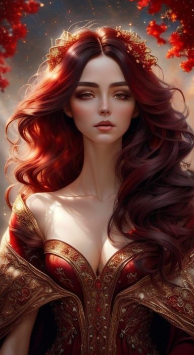 Mysterious Woman in Crimson Cloak with Golden Embroidery