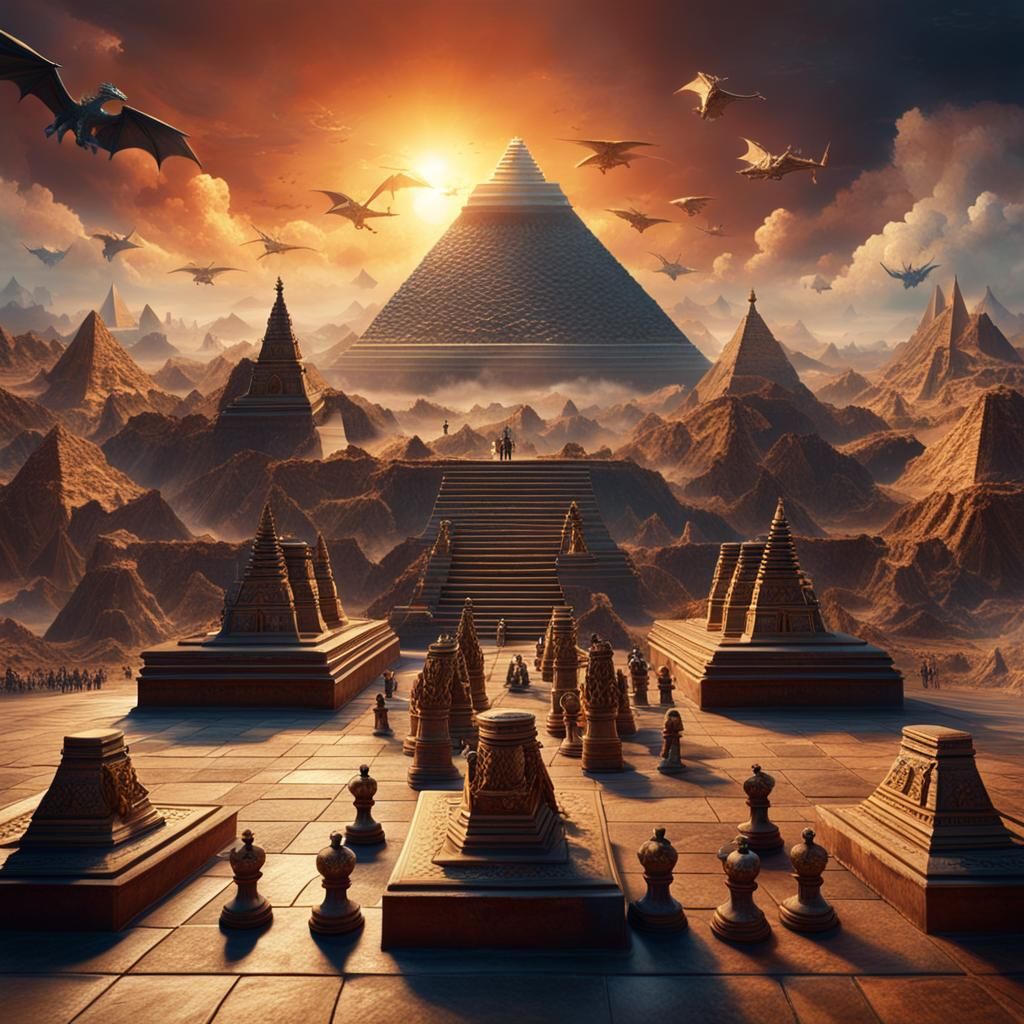 Pyramids on Chessboard with Dragon in Sky