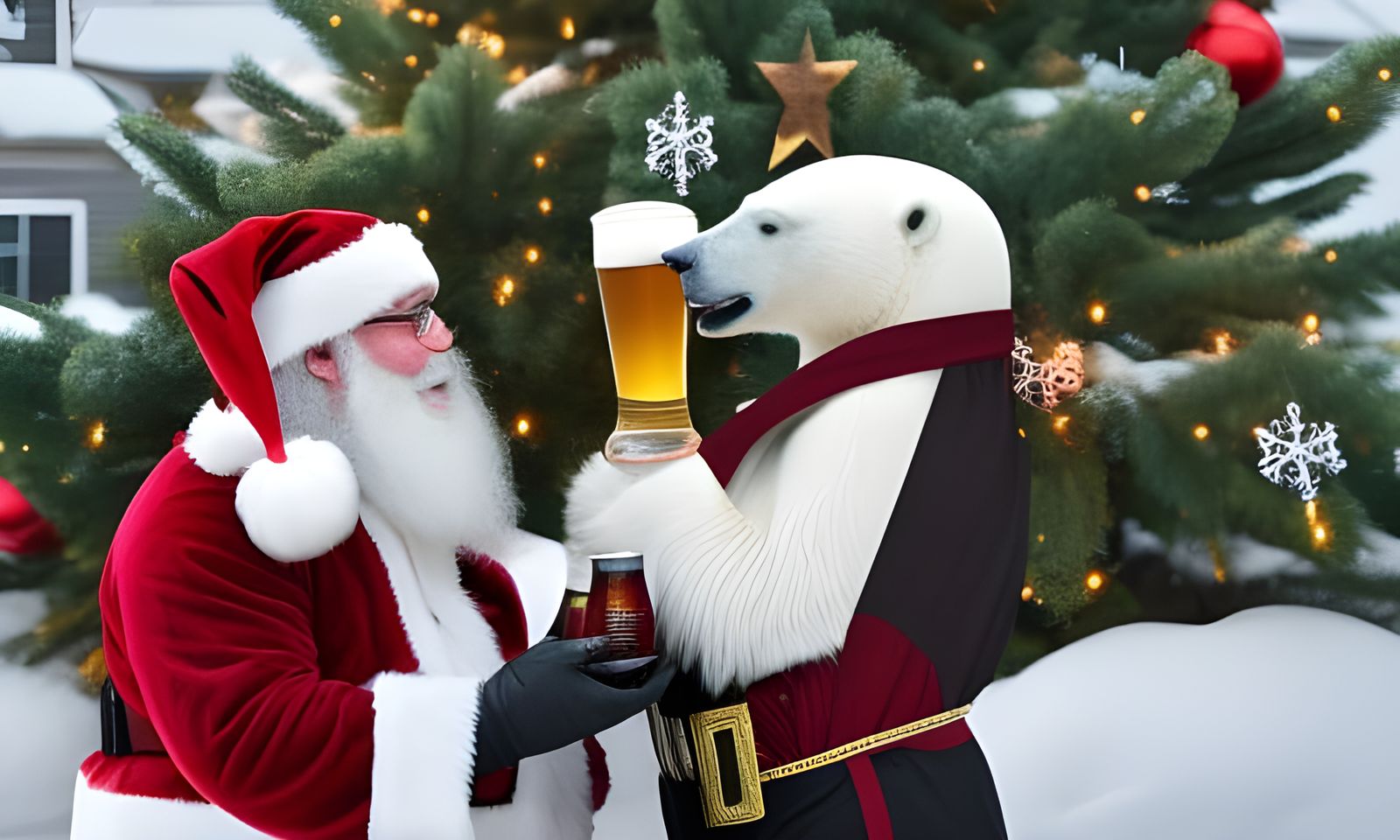 Polar Bear Shares a Beer with Santa Claus