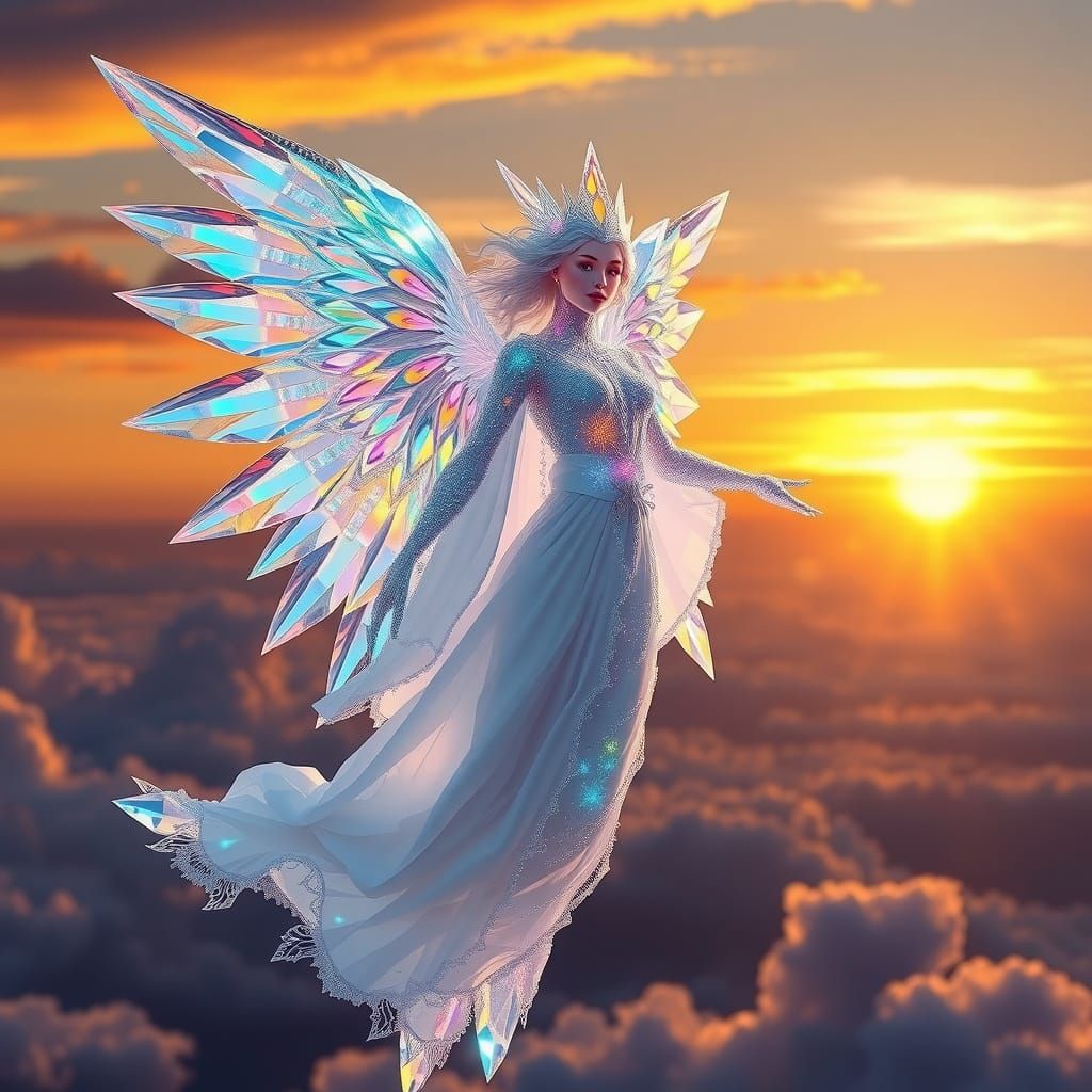 Crystal Archangel Floats at Sunrise: Photorealistic Renderin...