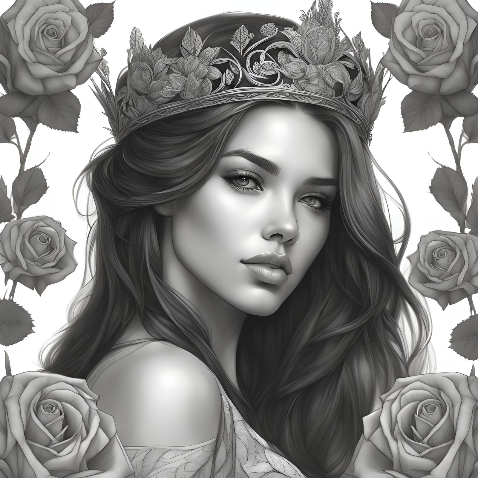 Brunette with Rose Crown, Digital Art Portrait