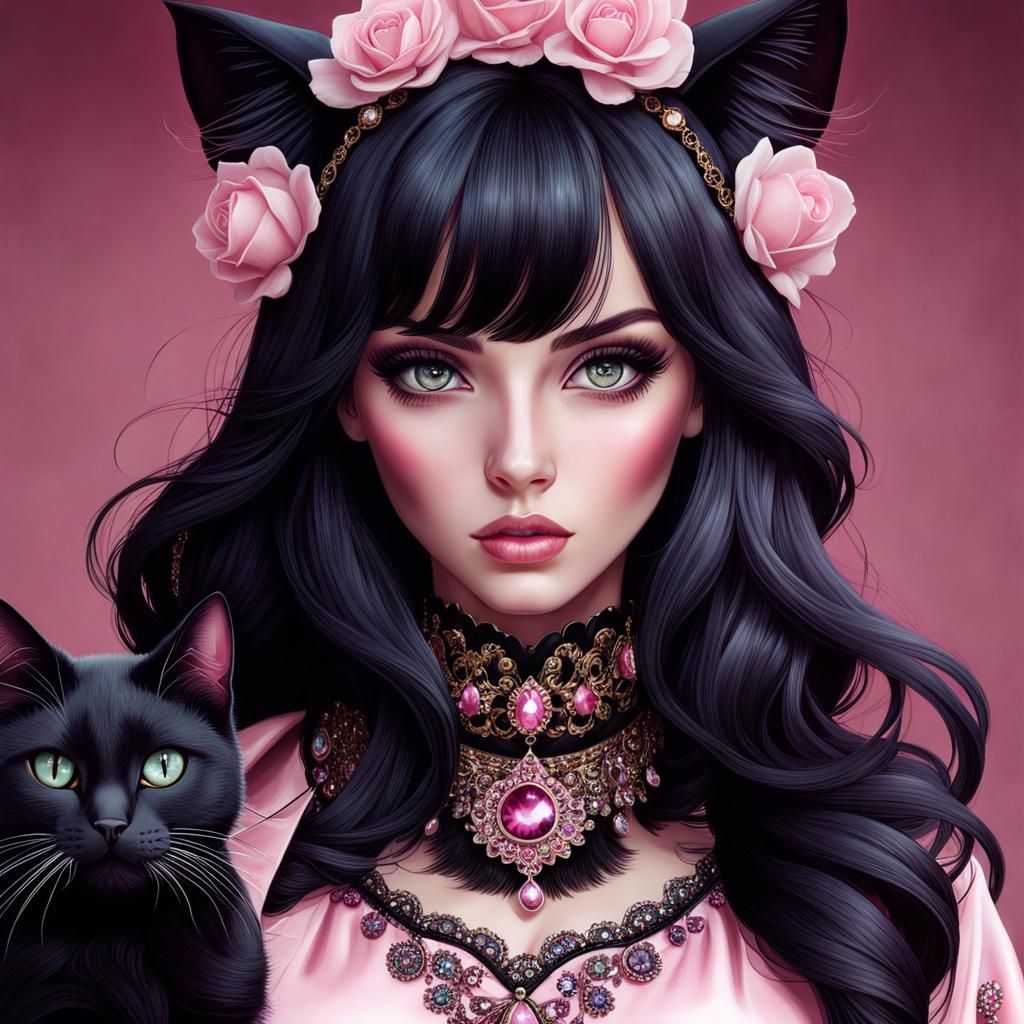 Girl with Cat: Digital Illustration in D'Errico Style