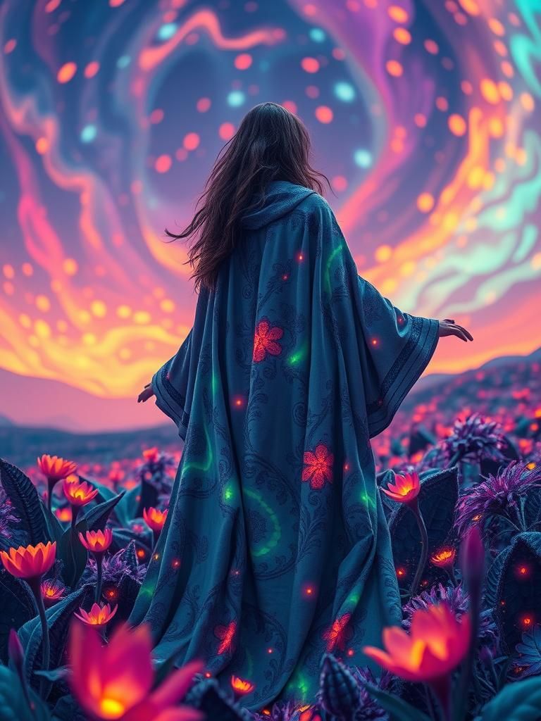 Mystical Woman in Neon Landscape as Dreamlike Art