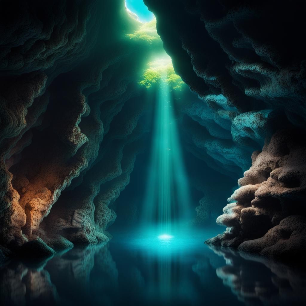 Glowing Crystal Cave Underwater Digital Art