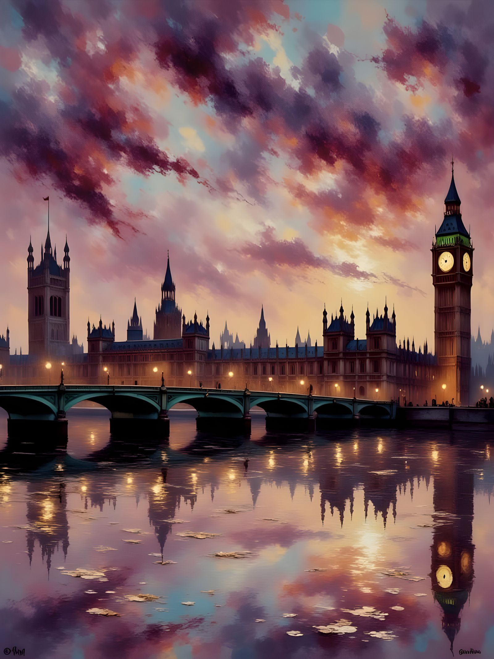 Impressionist Dawn Scene with Parliament and Water