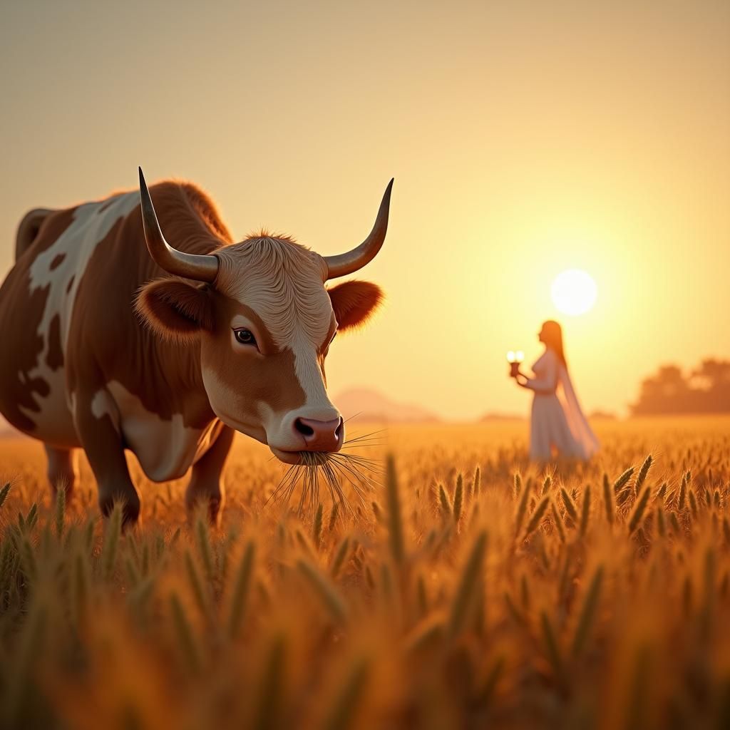 Golden Hour: Cow in Wheat Field, Fantasy Art