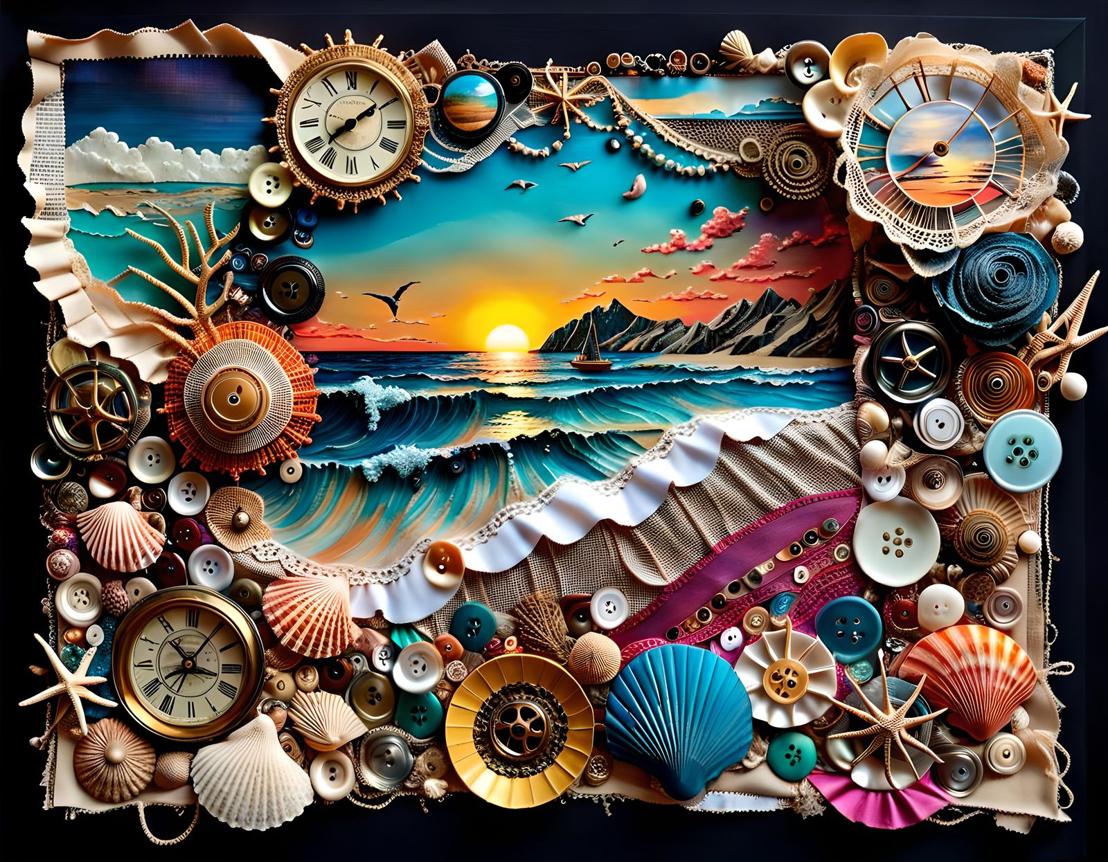 Tactile Collage: Fantasy Seascape Sunset in Vivid Colors