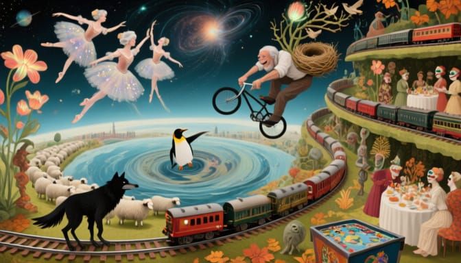 Surreal Whirlpool Featuring Dreamlike Creatures in Klimt Sty...