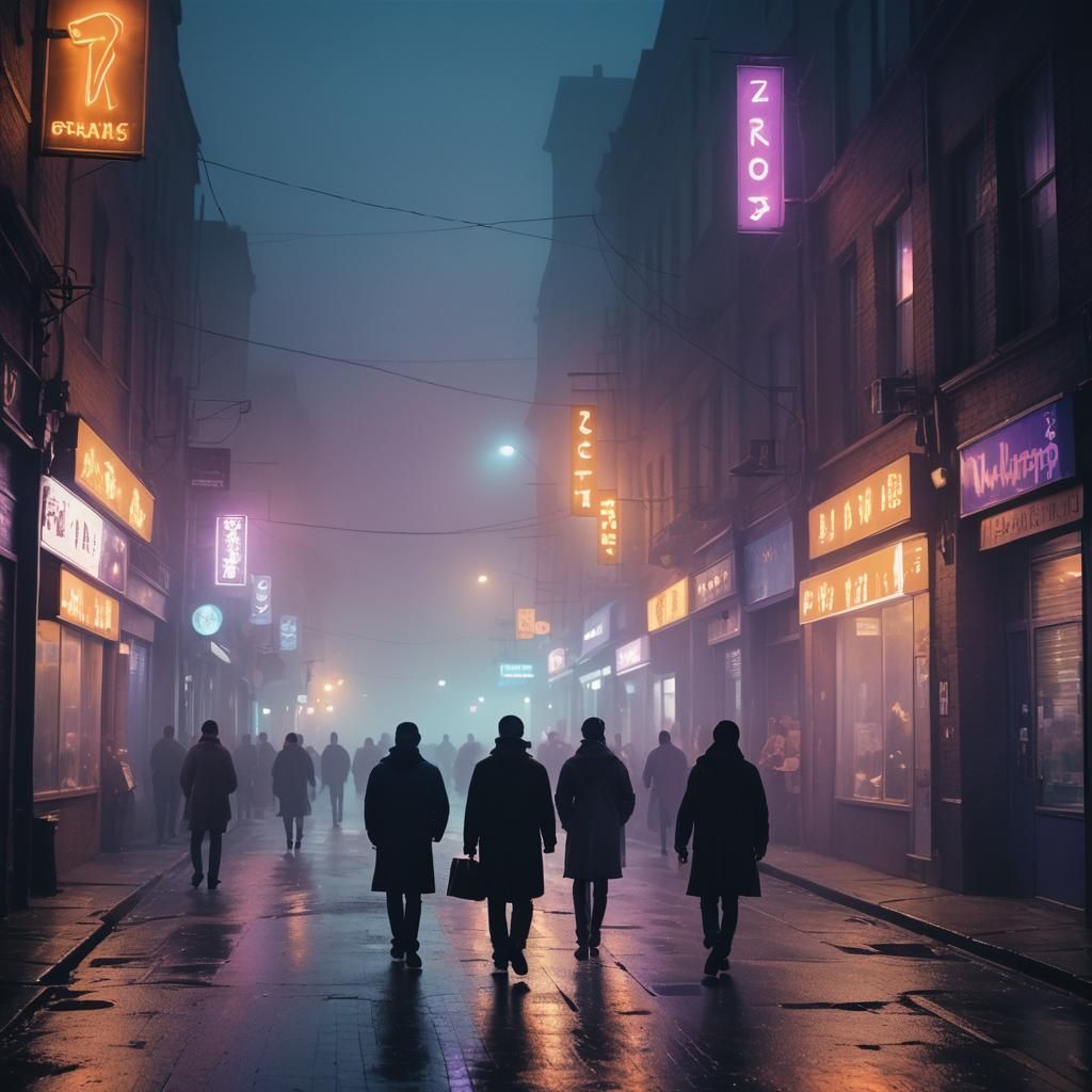 People Walking Through Blue Mist: Cinematic Film Still