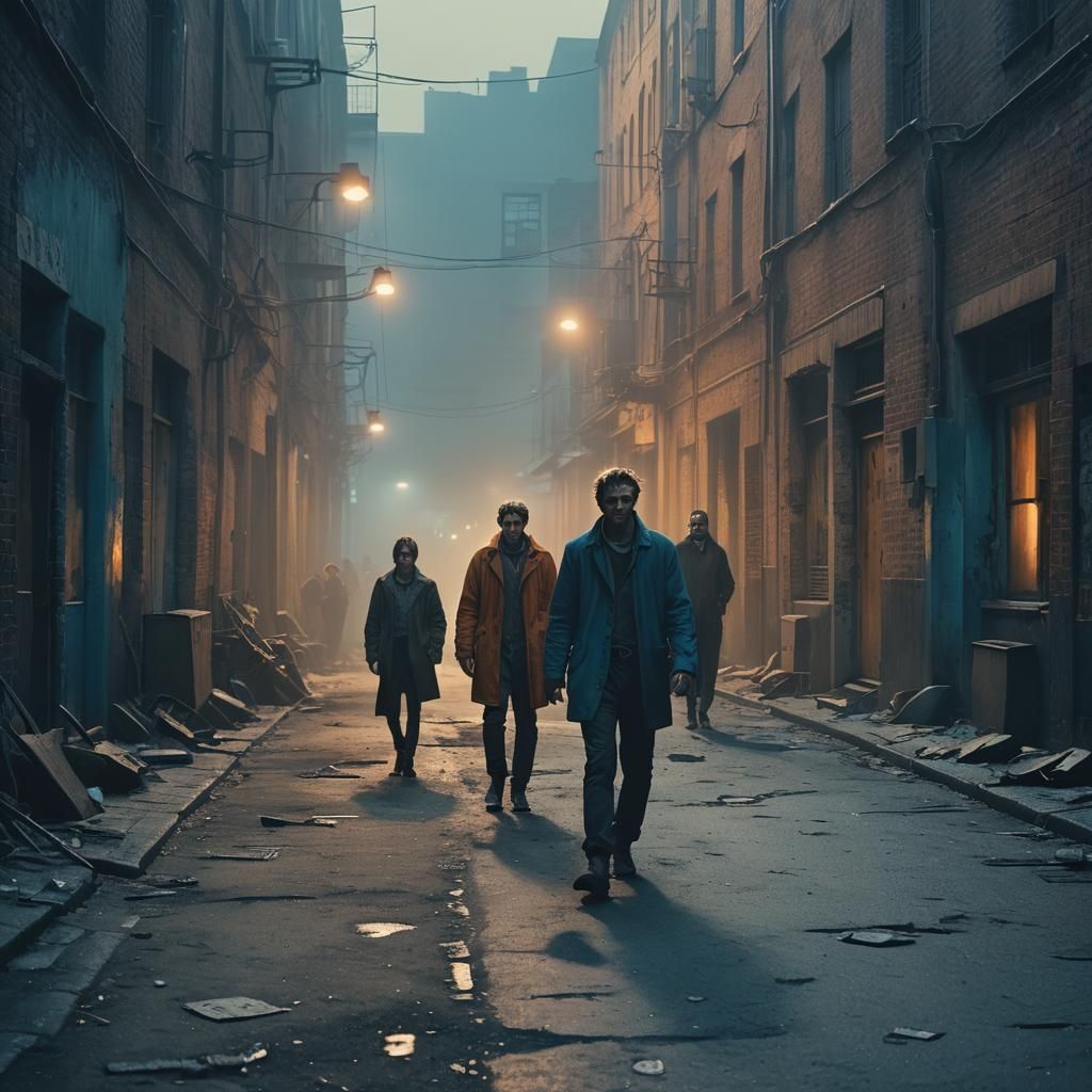 Blue Haze People in Abandoned Alley: Cinematic Film Still