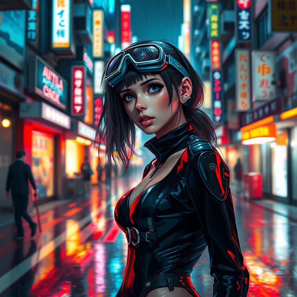 Cyberpunk Girl in Neon Tokyo Street