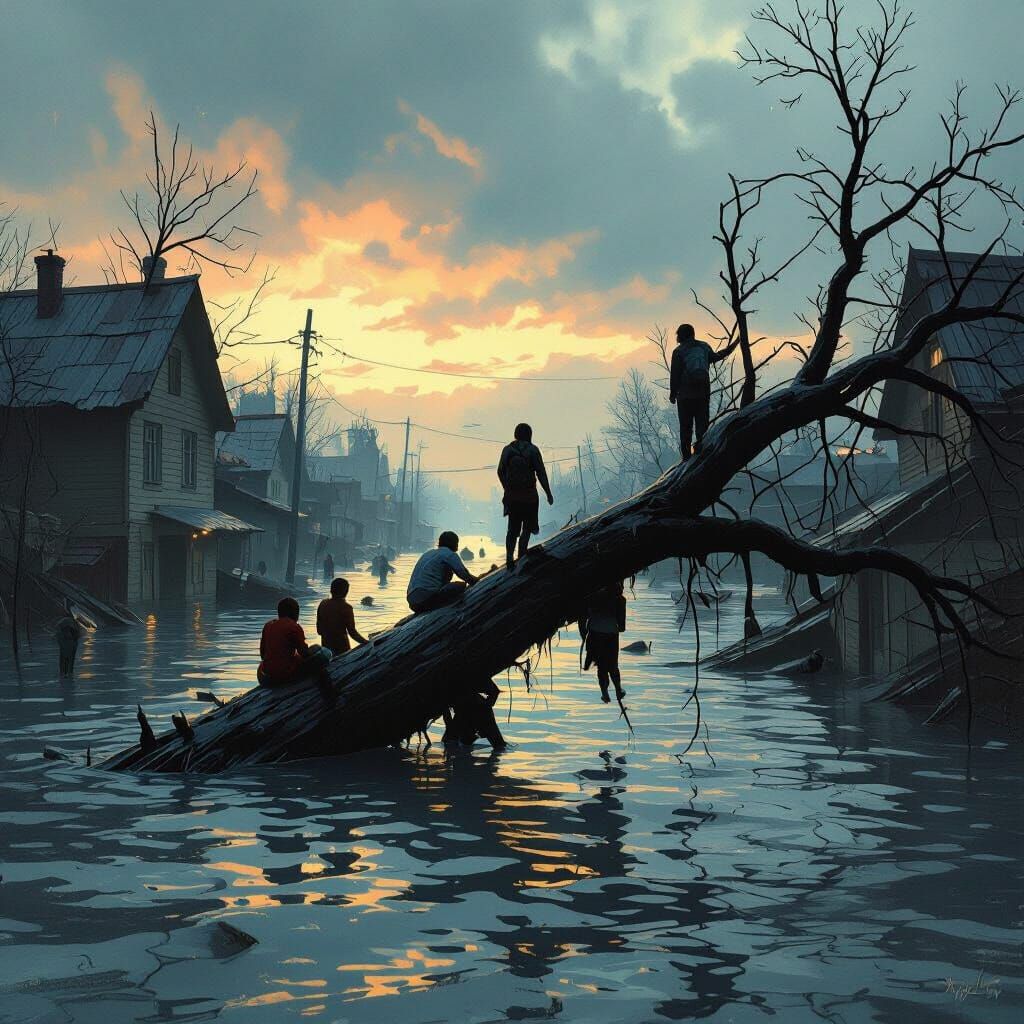 Chaotic Flood Scene with Dramatic Lighting