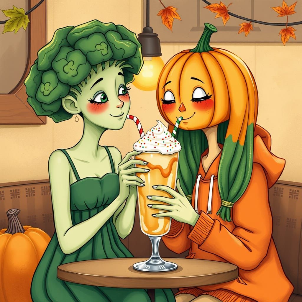Broccoli Girl and Pumpkin Girl Sharing Milkshake