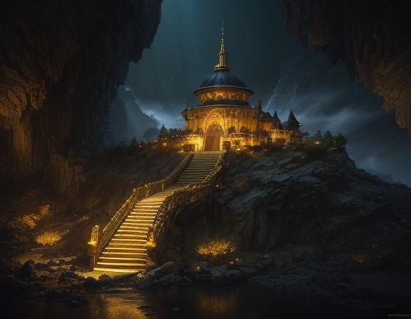 Ancient Underground Fortress City in Twilight Fog