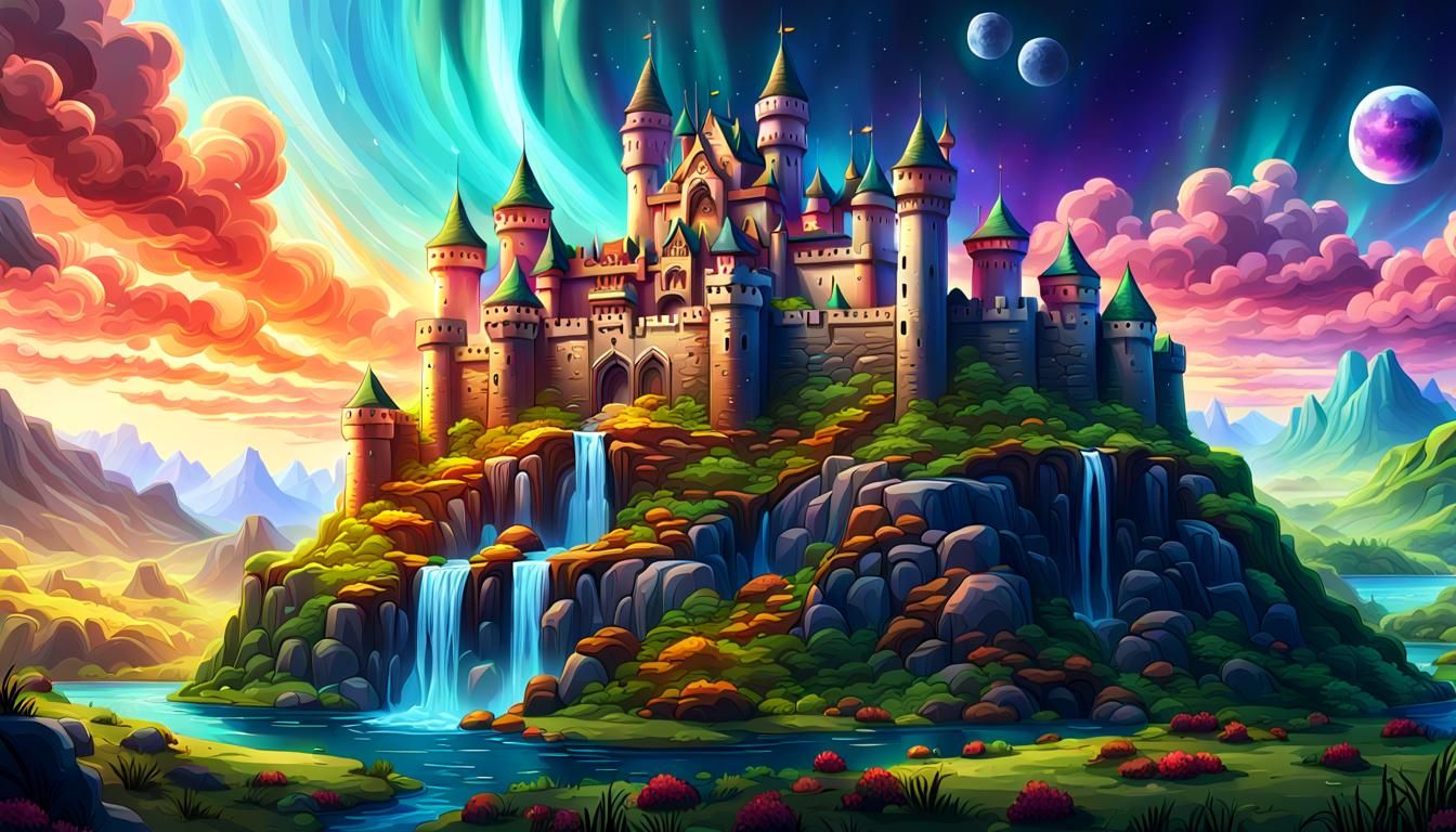 Detailed Castle in a Colorful Fantastical Landscape