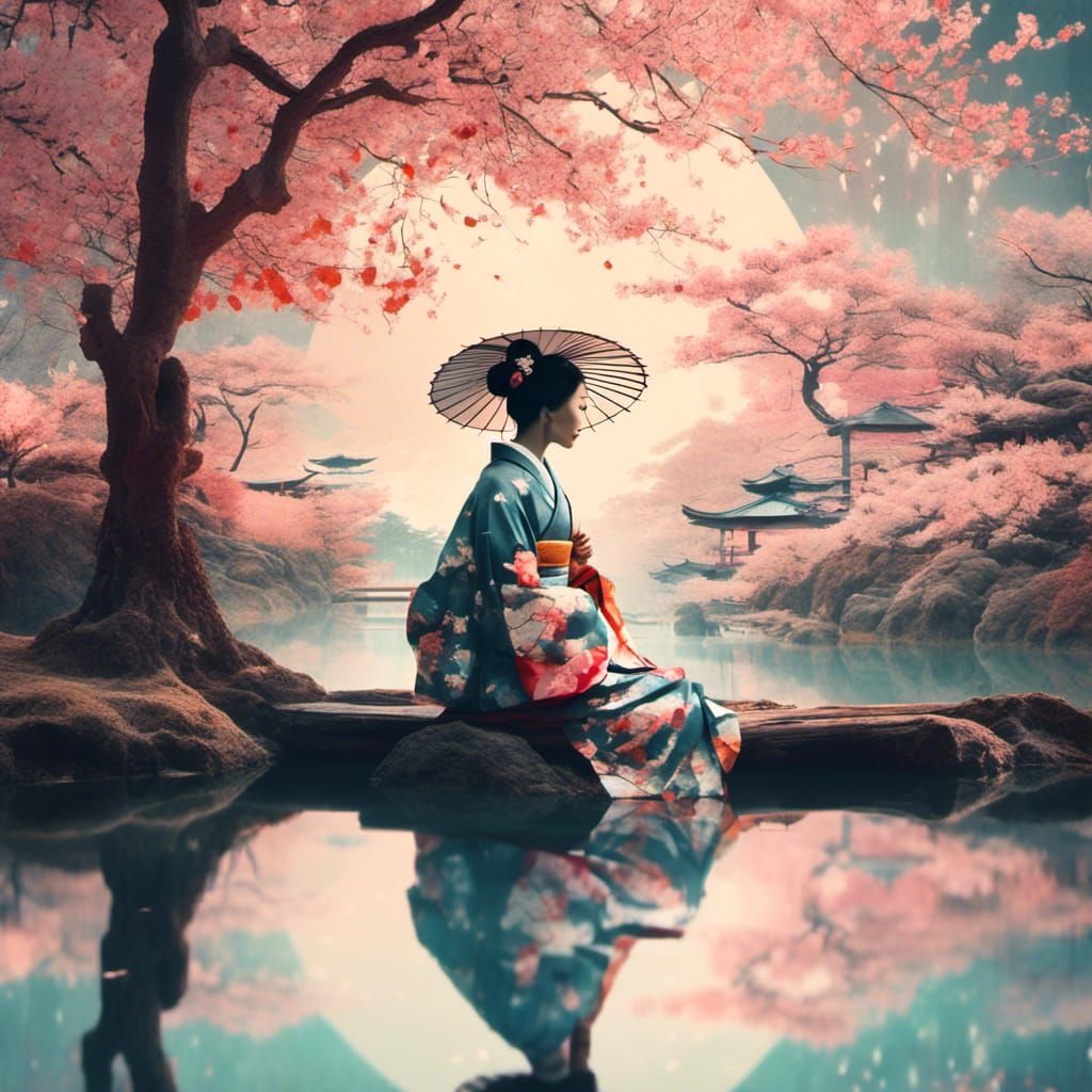 Geisha Silhouette with Cherry Blossoms in Ukiyo-e Style