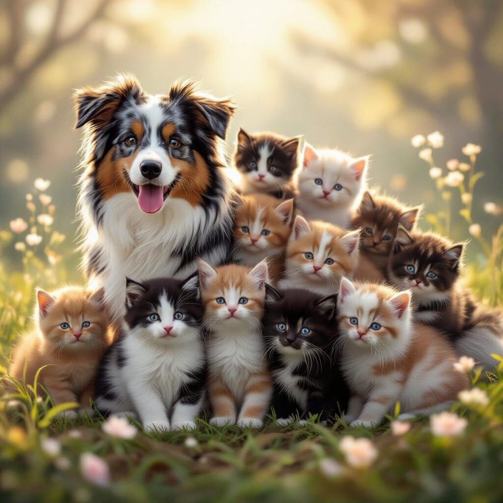 Diverse Kittens on Australian Shepherd in Ethereal Mist