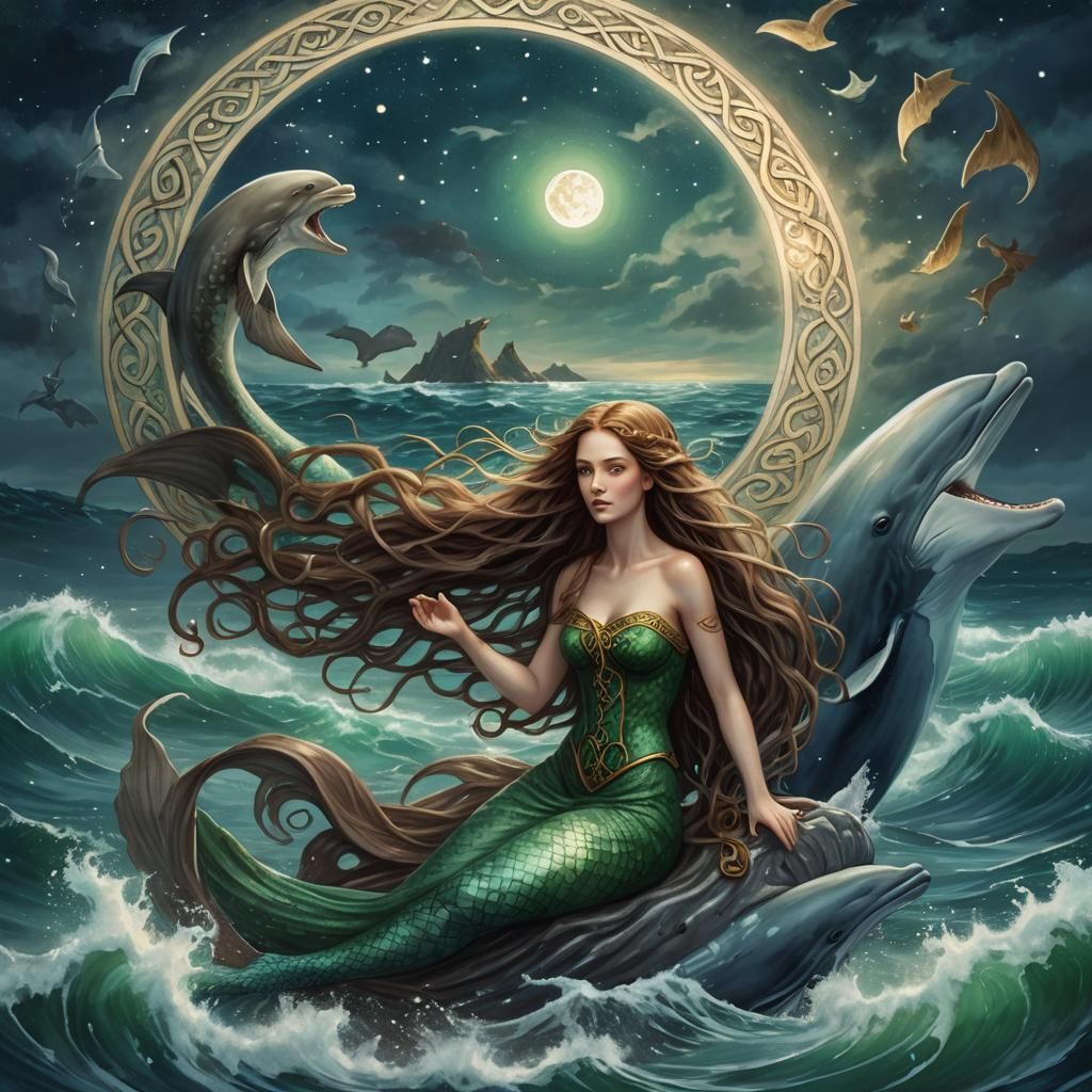Celtic Mermaid Riding Dolphin Under Moonlit Waves