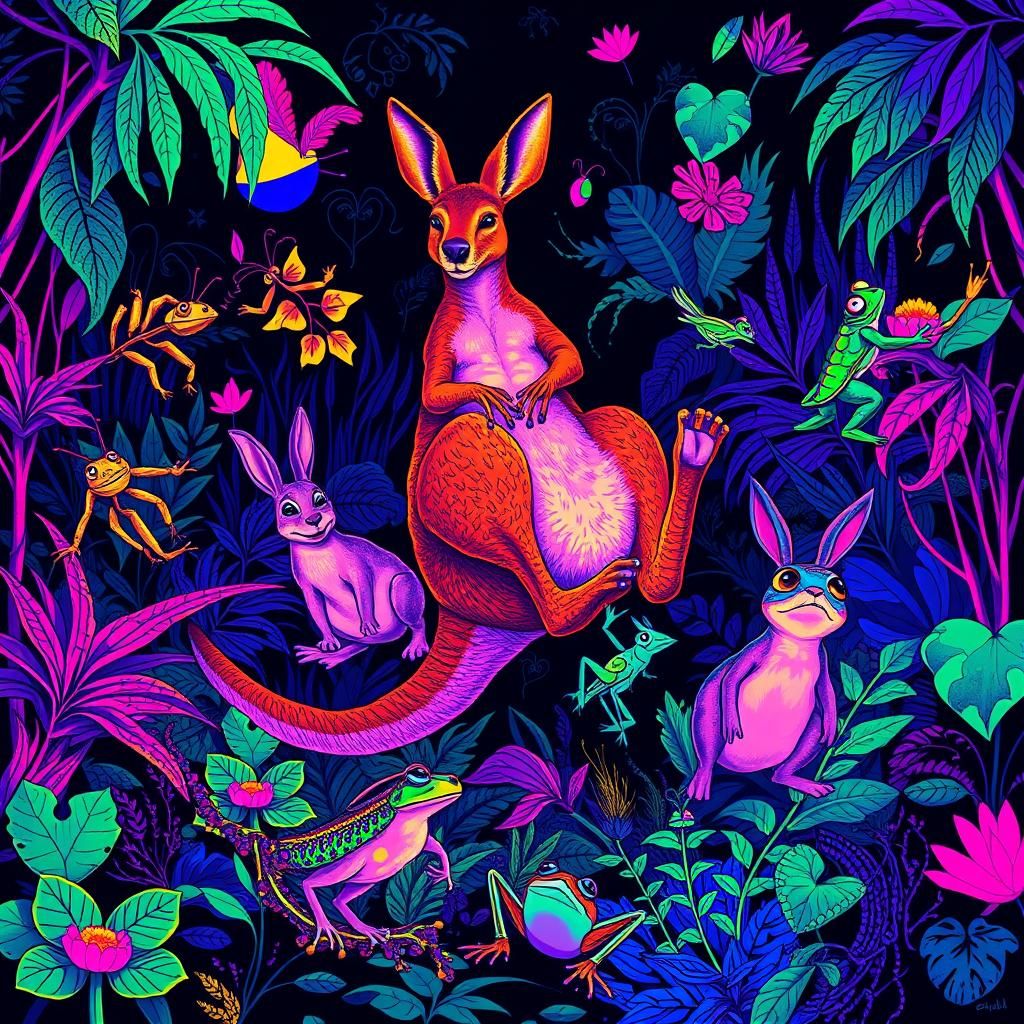 Neon Animals Jumping in Black Light Scene