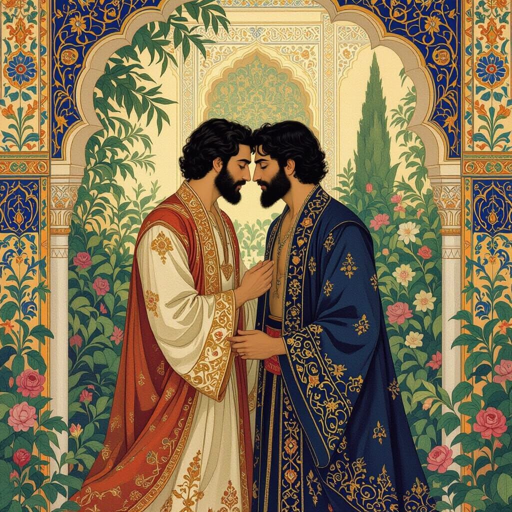 Secretive Garden Moment: Two Men in Persian Robes