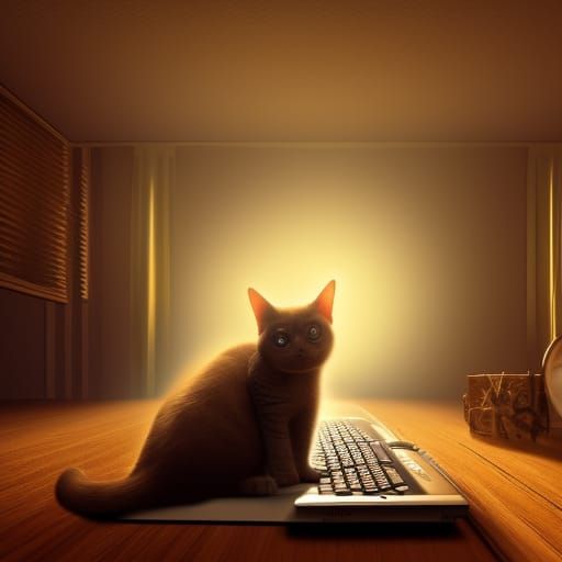 Cat at Computer: Hyperrealistic Digital Art