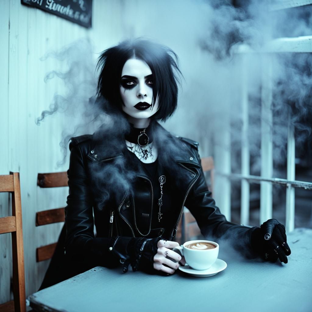 Goth Fashion Model in Smoky Coffee Shop