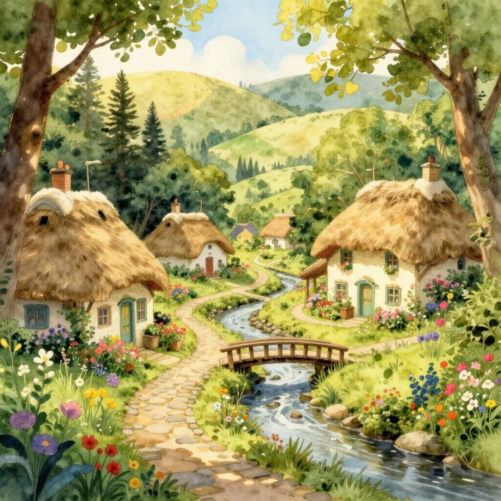 Whimsical Forest Village in Golden Light Watercolor