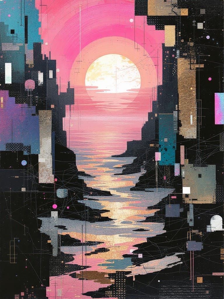 Ethereal Coastal Abstraction in Cyberpunk Mood-Board Style