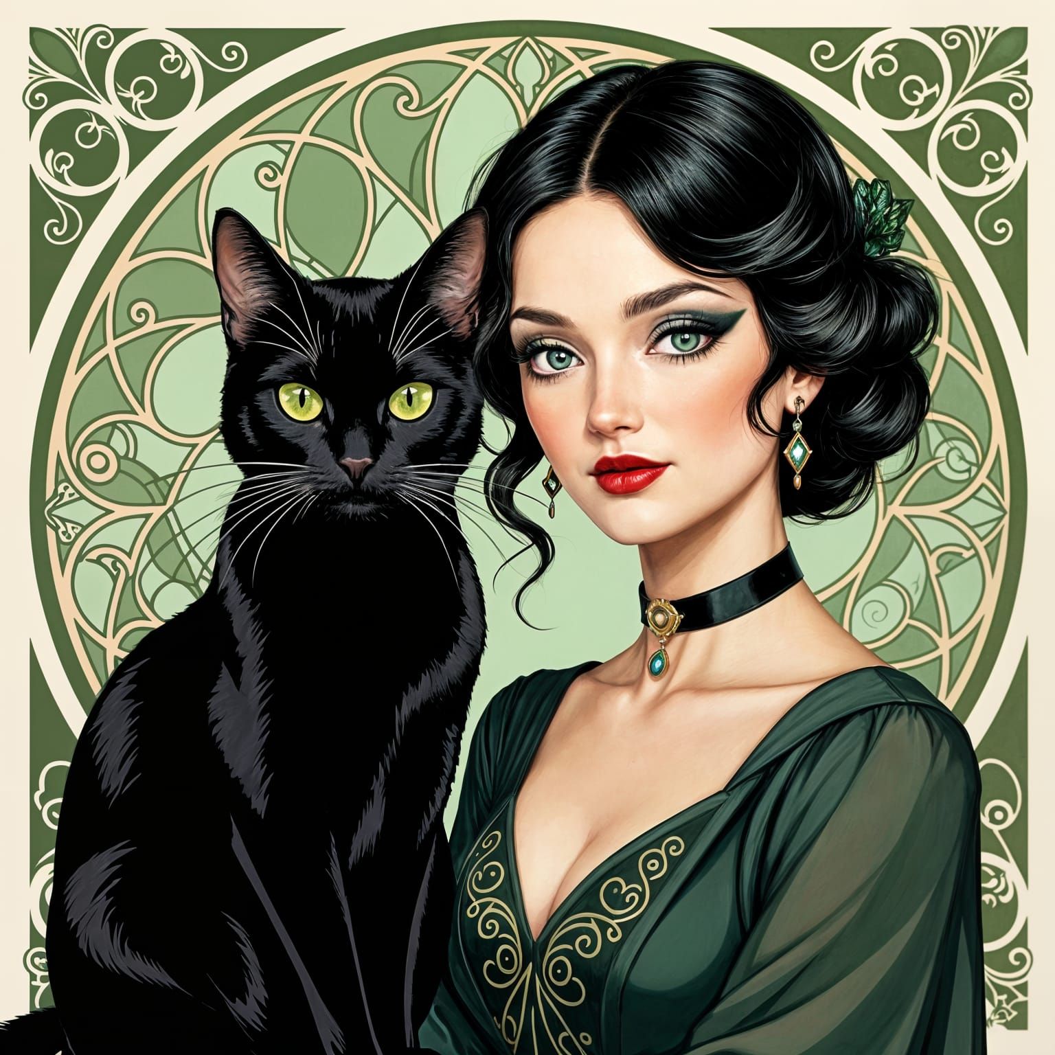 Regal Black Cat and Woman in Art Nouveau Style