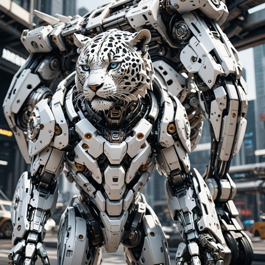 Futuristic White Leopard with Mech Details