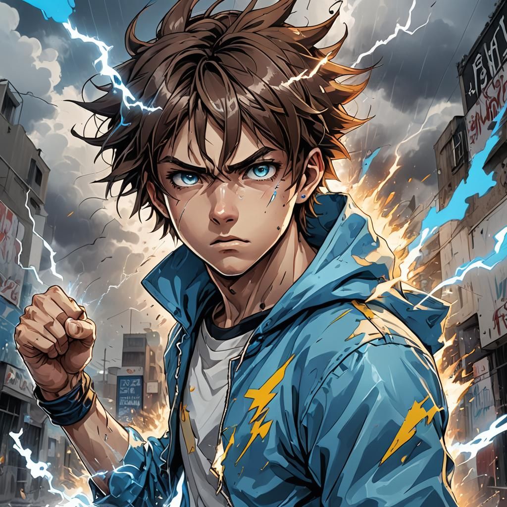 Angry Boy with Lightning in Graffiti Art Style